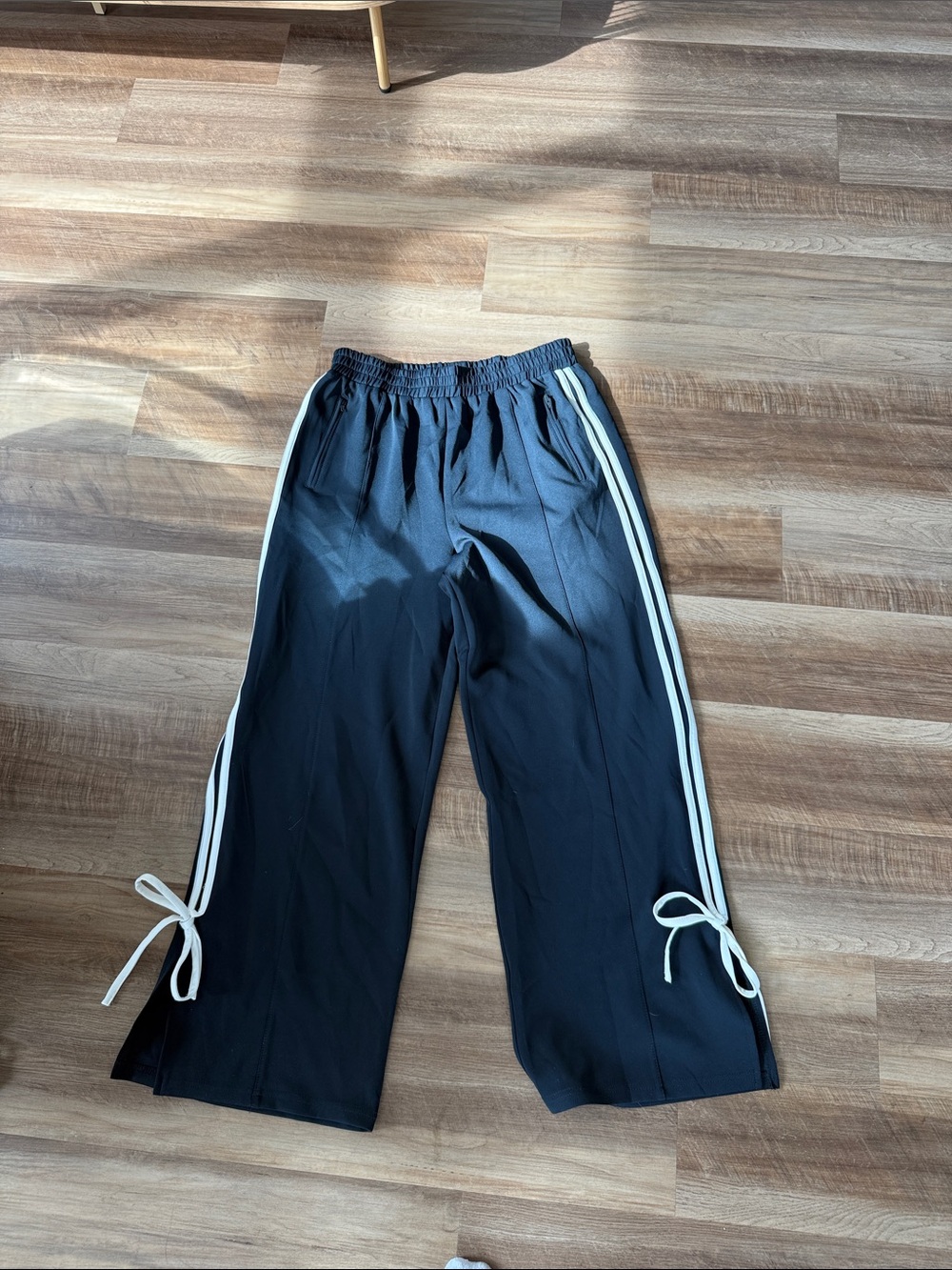 Navy Track Pants with White Side Stripes and Bows
